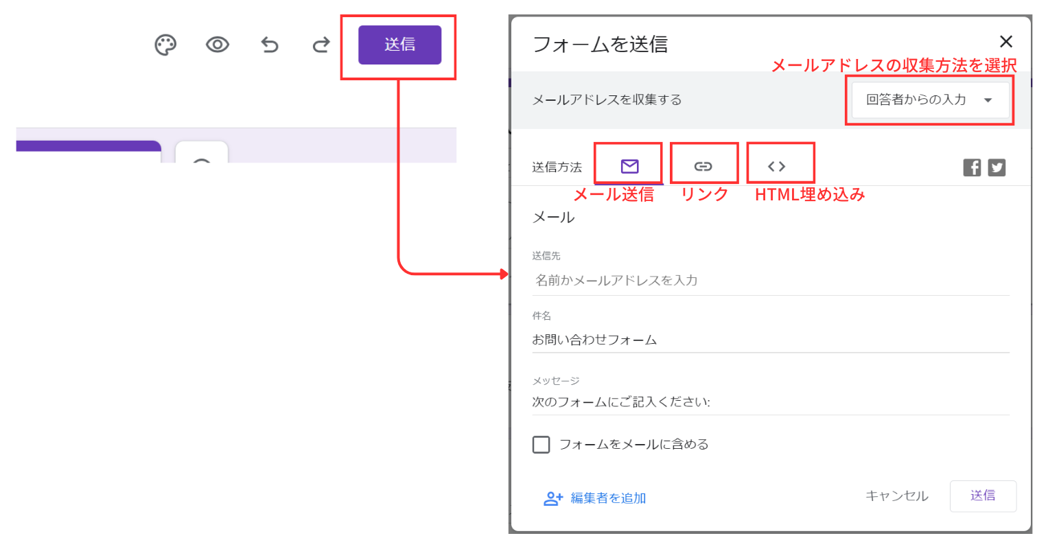 Googleフォームを共有する方法を選ぶ。送信タブから、メール送信、リンク、HTML埋め込みを選べる。